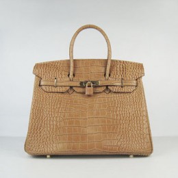 Hermes Birkin 35Cm Crocodile Stripe Handbags Light Coffee Gold
